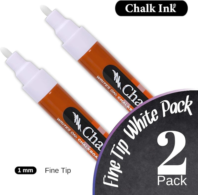Chalk Ink Markers طباشير بيضاء - علامات طباشير احترافية برأس رفيع - ألوان جافة سريعة تدوم طويلاً - أقلام طباشير سائلة قابلة للمسح الرطب (أبيض، 1 مم، عبوة 2) - Image 1